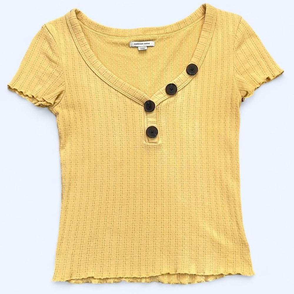 American Eagle Outfitters Size XS Yellow V-neck Brown Button Top Blouse Shirt